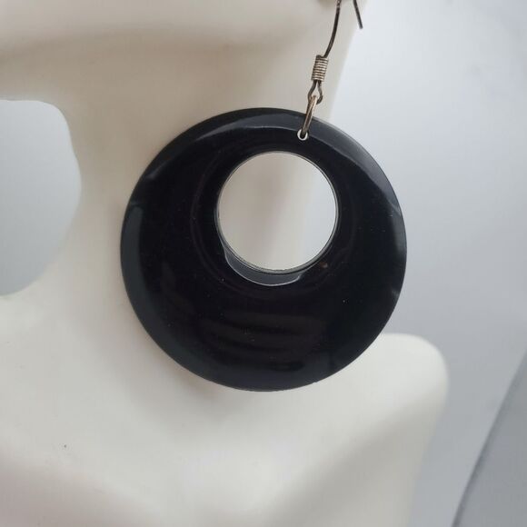 Retro black saucer disco round earrings - Picture 2 of 2